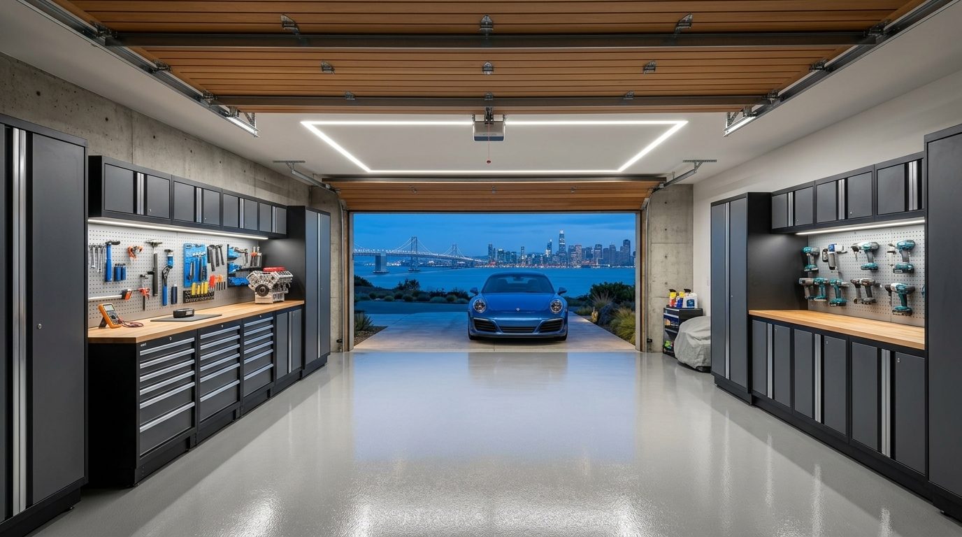 Haddad Garage Door Services Interior View of Custom Garage Door Overhead and Workshop